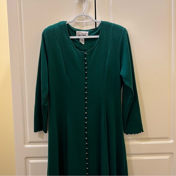 California Rhythms Vintage 90s Green A Line Dress Sz L Back Tie Button Front - Picture 8 of 12